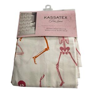 Kassatex Fine Linens Shower Curtain White Cotton With Pink Orange Skeleton Print